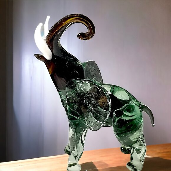 Murano Handblown Green Glass Elephant Figure W/Good Luck White Upward Tusk - Picture 5 of 16